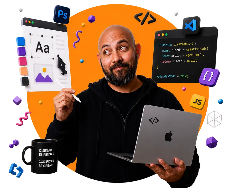 Francisco holding a laptop, surrounded by design and code tool icons