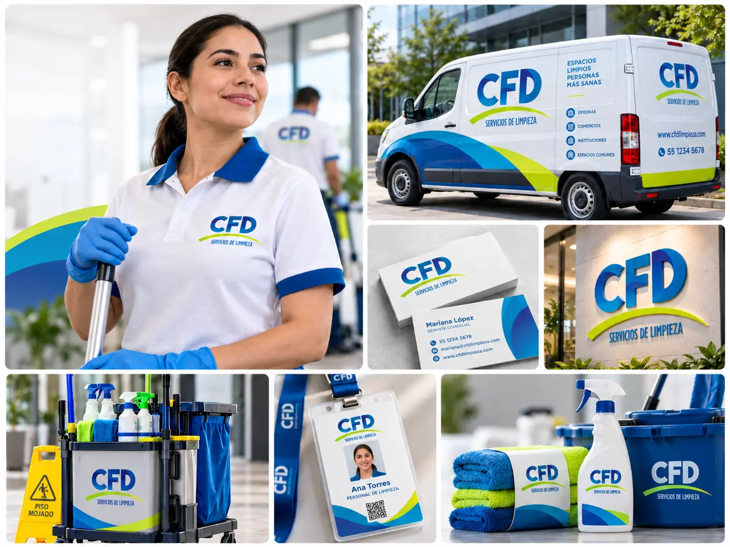 Conceptual CFD Servicios brand applications: staff uniform, branded van, business cards, wall sign, cleaning cart, ID badge and cleaning products. Illustrative mockup — the names and contact details shown are fictional.