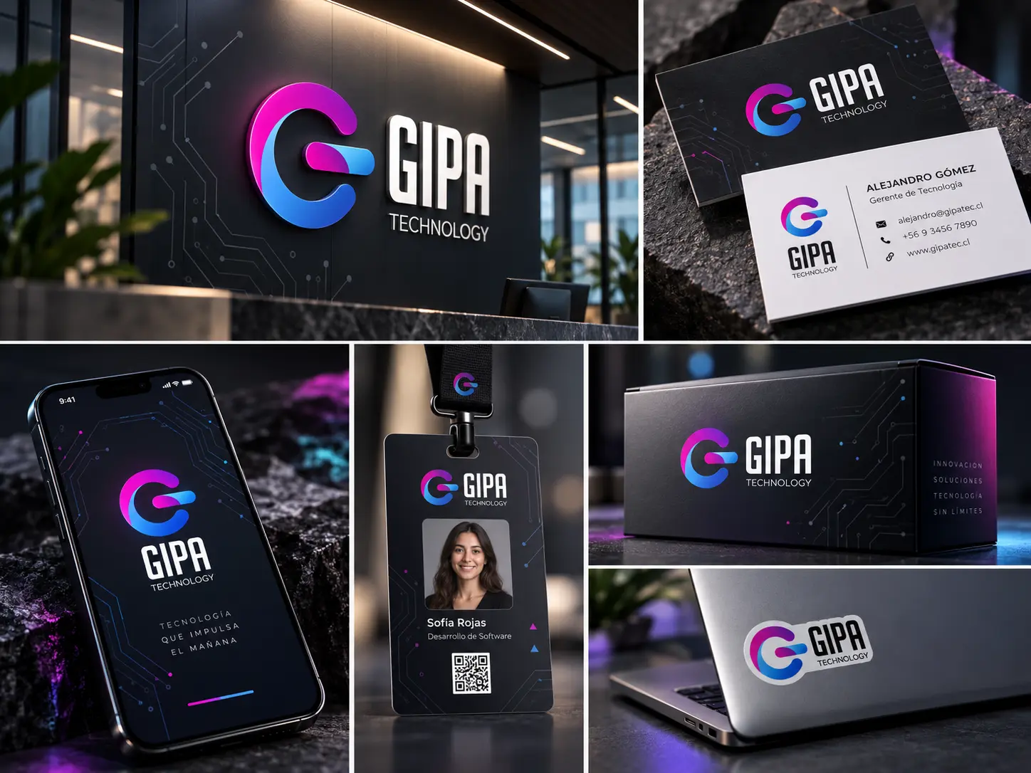 Conceptual Gipa Technology brand applications: illuminated reception sign, business cards, phone splash screen, staff ID badge, product box and laptop sticker. Illustrative mockup — the names and contact details shown are fictional.