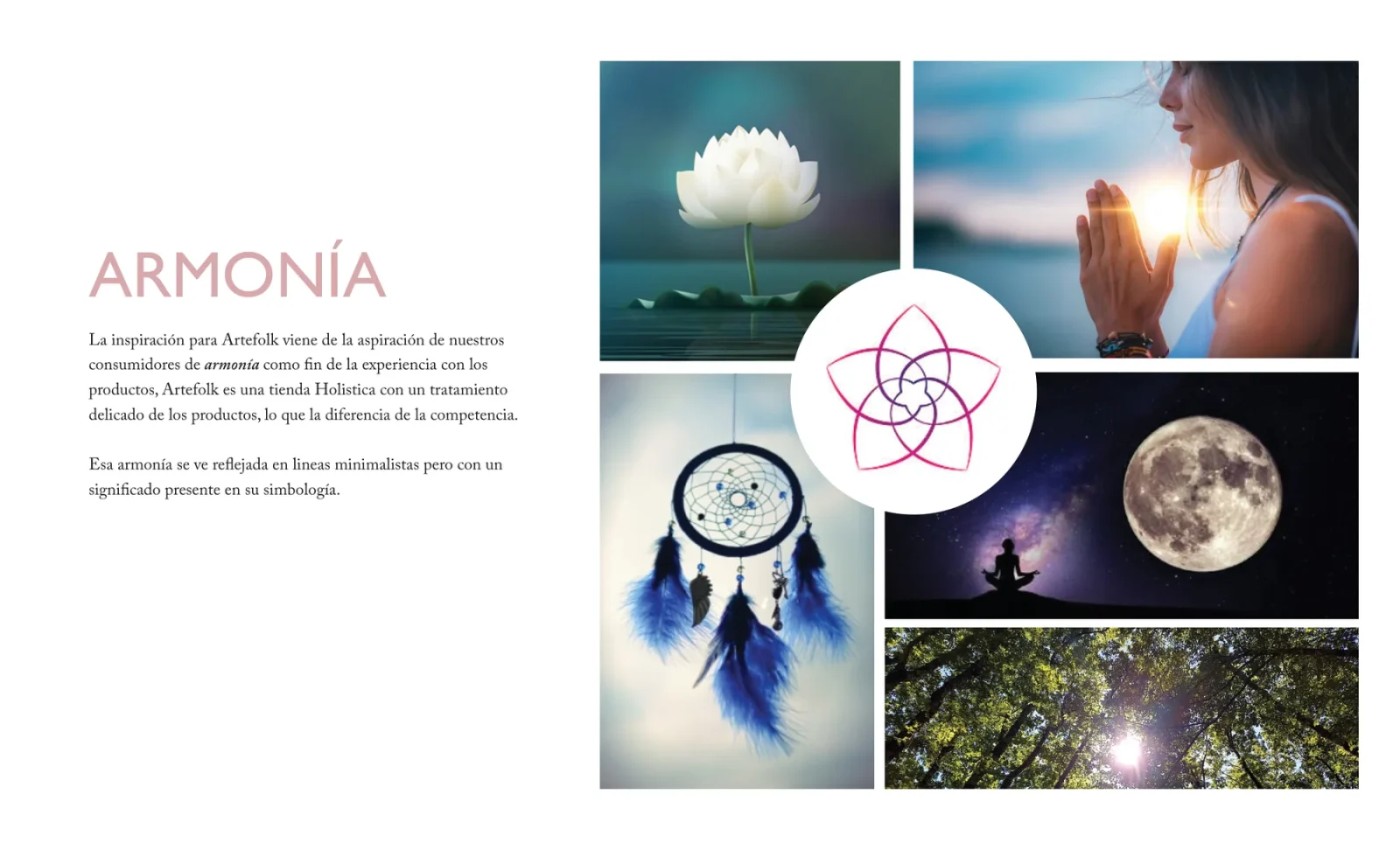 Brandbook concept page “Armonía” with a moodboard around the flower of Venus symbol