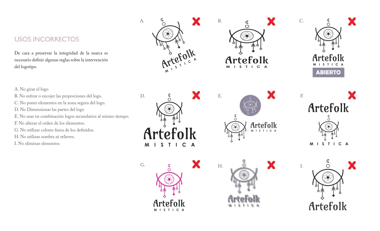 Brandbook page: nine incorrect uses of the logo