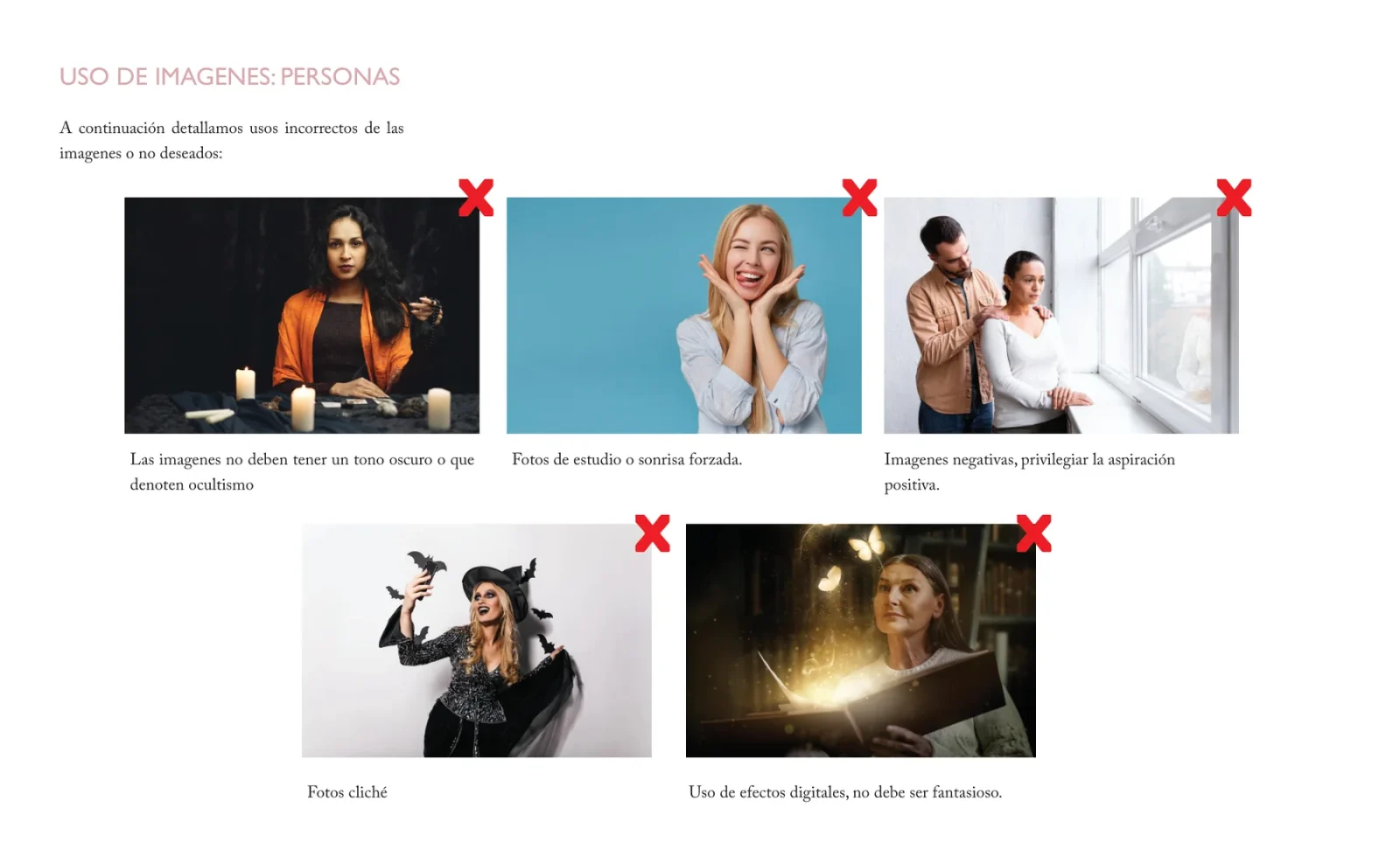 Brandbook page: photographs of people to avoid