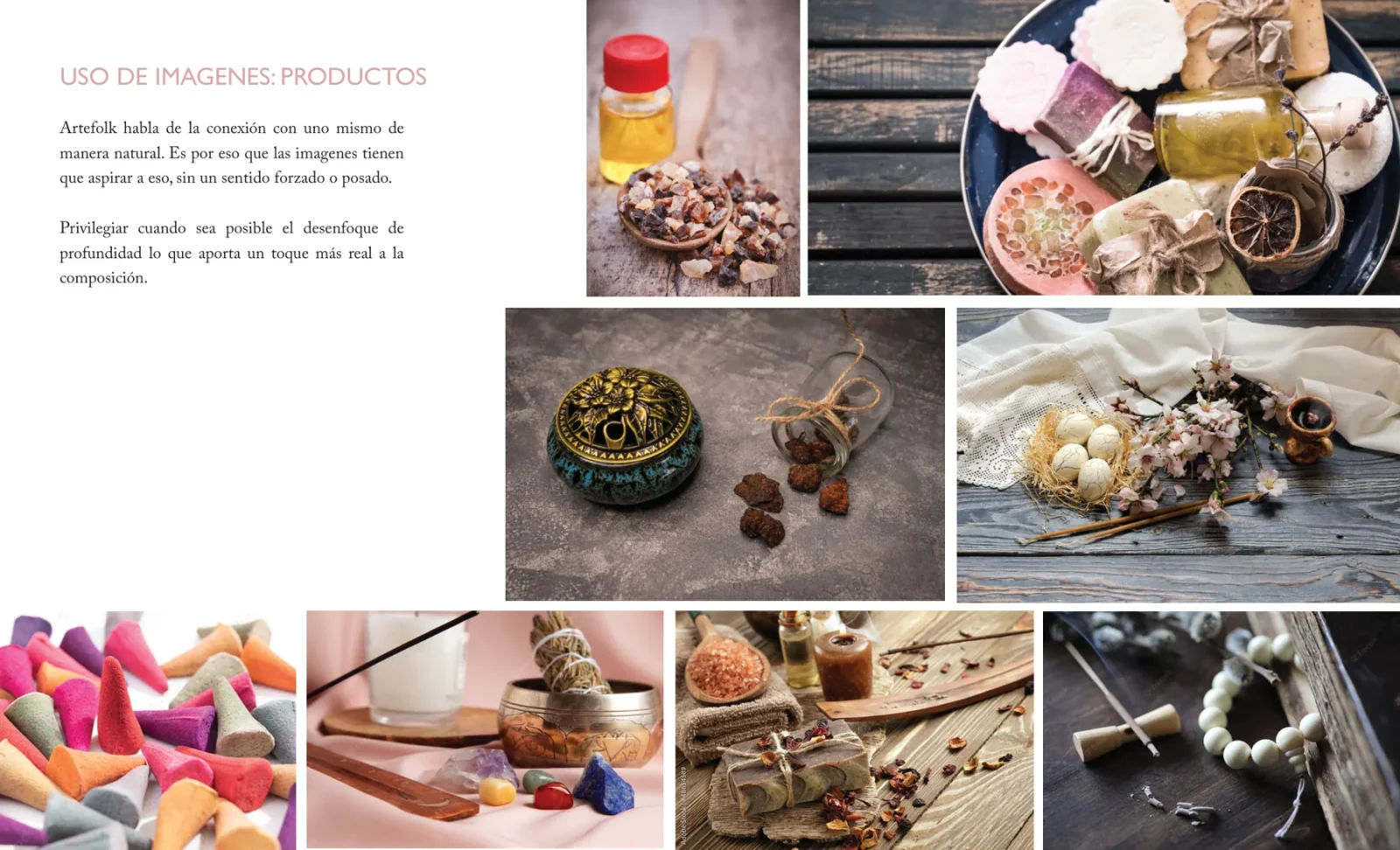 Brandbook page: product photographs in natural settings with shallow depth of field