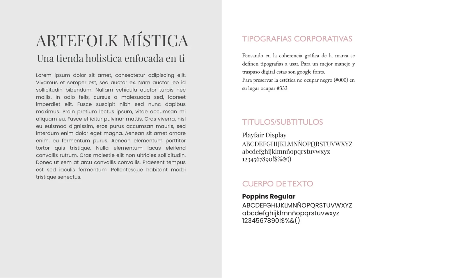 Brandbook page: Playfair Display for titles and Poppins for body text