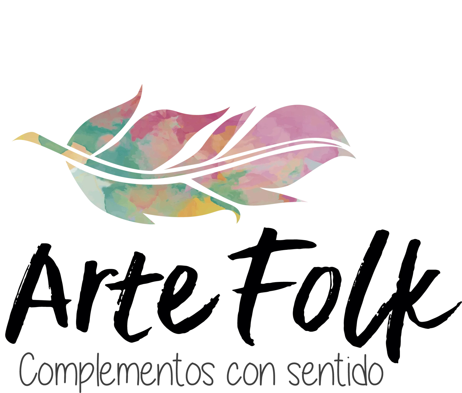 Original Artefolk logo: a multicoloured watercolour feather above brush-lettered “Arte Folk” and the tagline “Complementos con sentido”