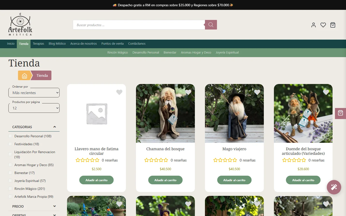 Artefolk Mística shop page with categories and product grid
