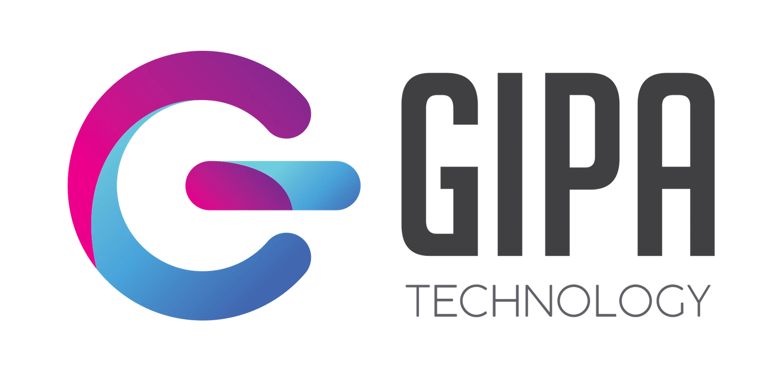 Approved Gipa Technology logo: a G drawn as one magenta-to-blue gradient stroke beside the GIPA TECHNOLOGY wordmark