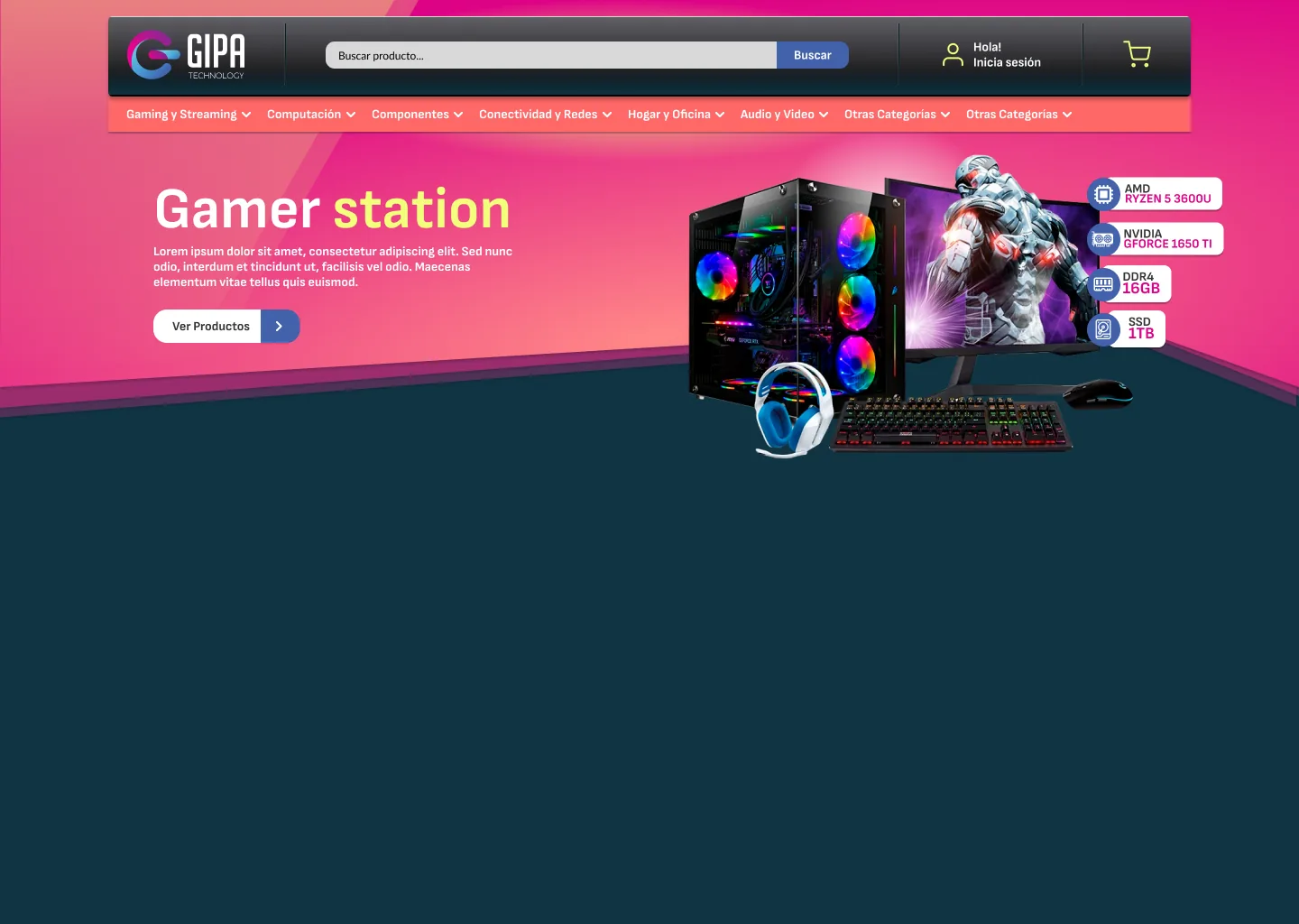 Propuesta e-commerce de Gipa Technology: hero de inicio para un PC gamer en escritorio