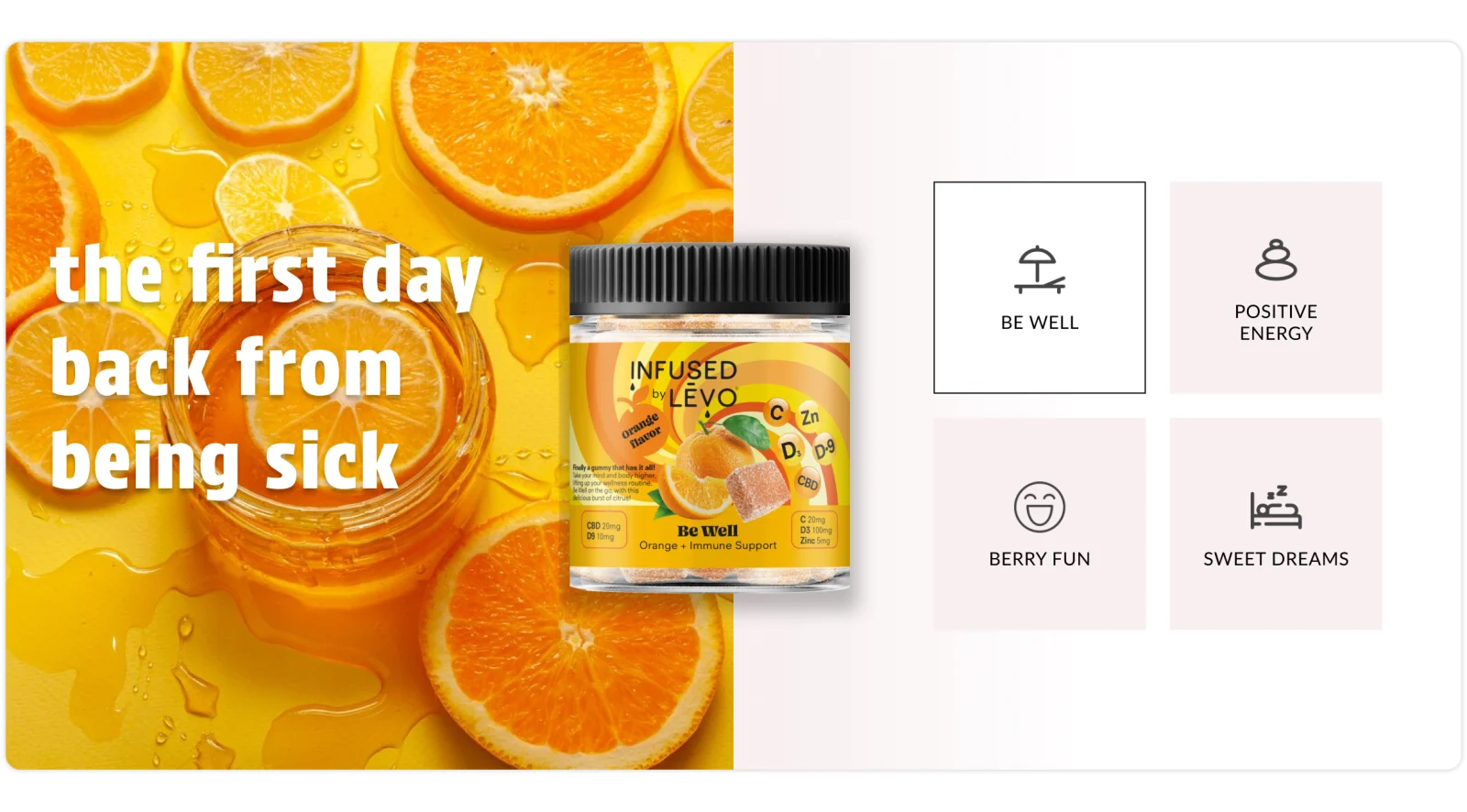 Discover by feeling with Be well selected: an orange photograph, the Be Well orange jar and the Be well tile highlighted.
