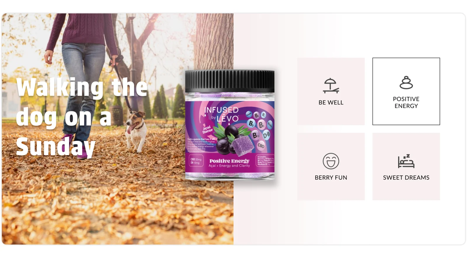 Discover by feeling with Positive energy selected: a dog walk in autumn leaves, the Positive Energy açaí jar and the Positive energy tile highlighted.