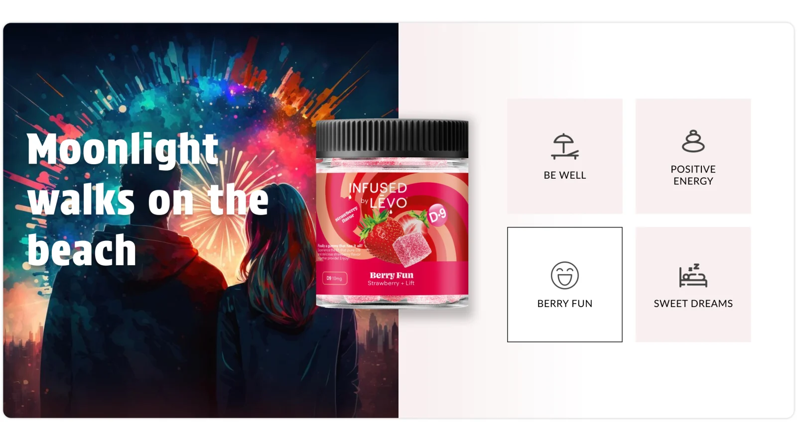 Discover by feeling with Berry fun selected: a couple under fireworks, the Berry Fun strawberry jar and the Berry fun tile highlighted.