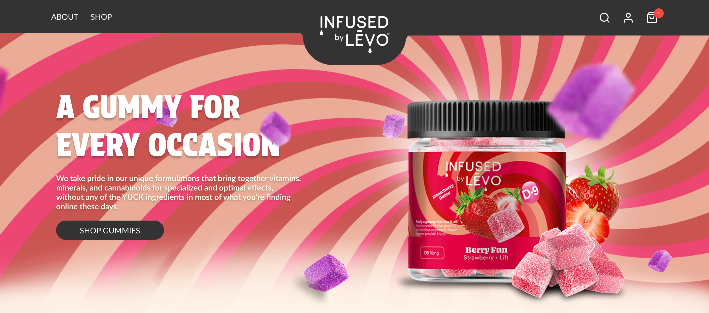 Infused by LEVO homepage hero in Figma: radial pink and coral stripes, the headline on the left and the Berry Fun jar with strawberries and gummies on the right.