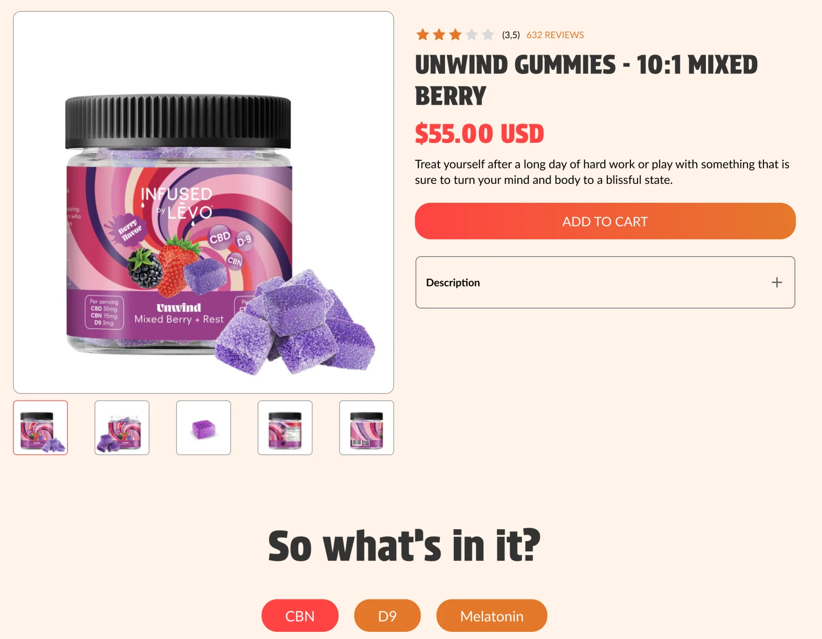 Product page design: image gallery with thumbnails, rating, name, price, add to cart, an expandable description and the “So what’s in it?” ingredient tabs.