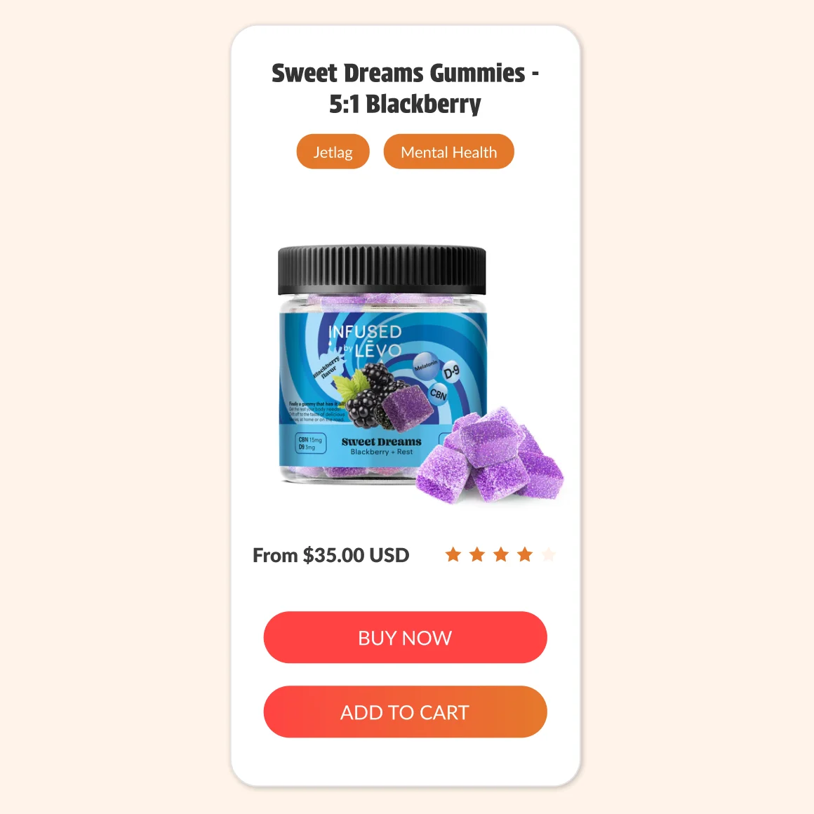 Product card design: product name, occasion tags, the jar, price, rating and two actions — Buy now and Add to cart.