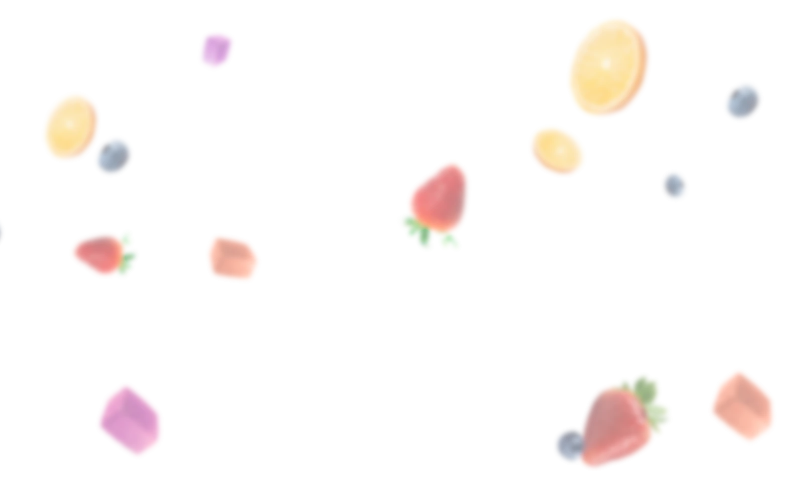Out-of-focus strawberries, blueberries, orange slices and gummies on a transparent layer.