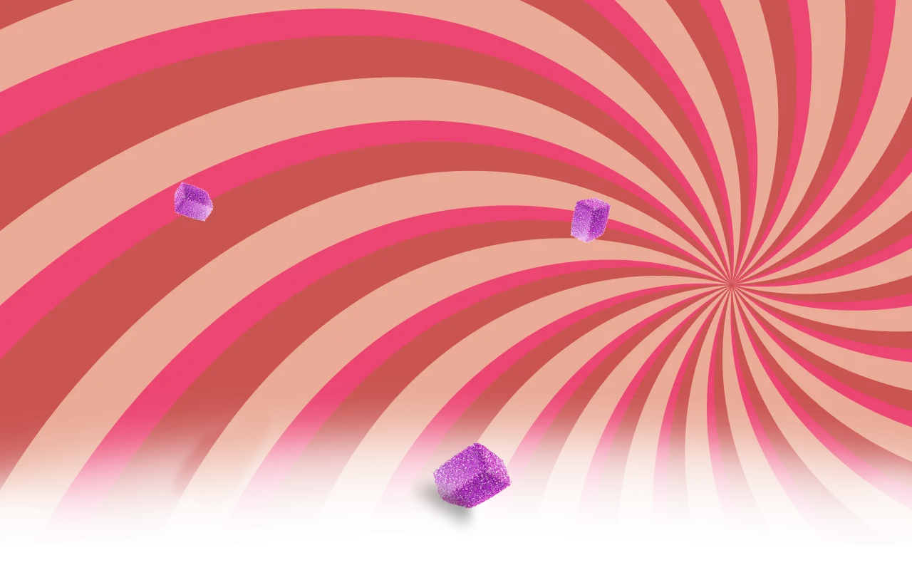 Pink, coral and peach stripes radiating from a single point, with soft gummy cubes floating in front.