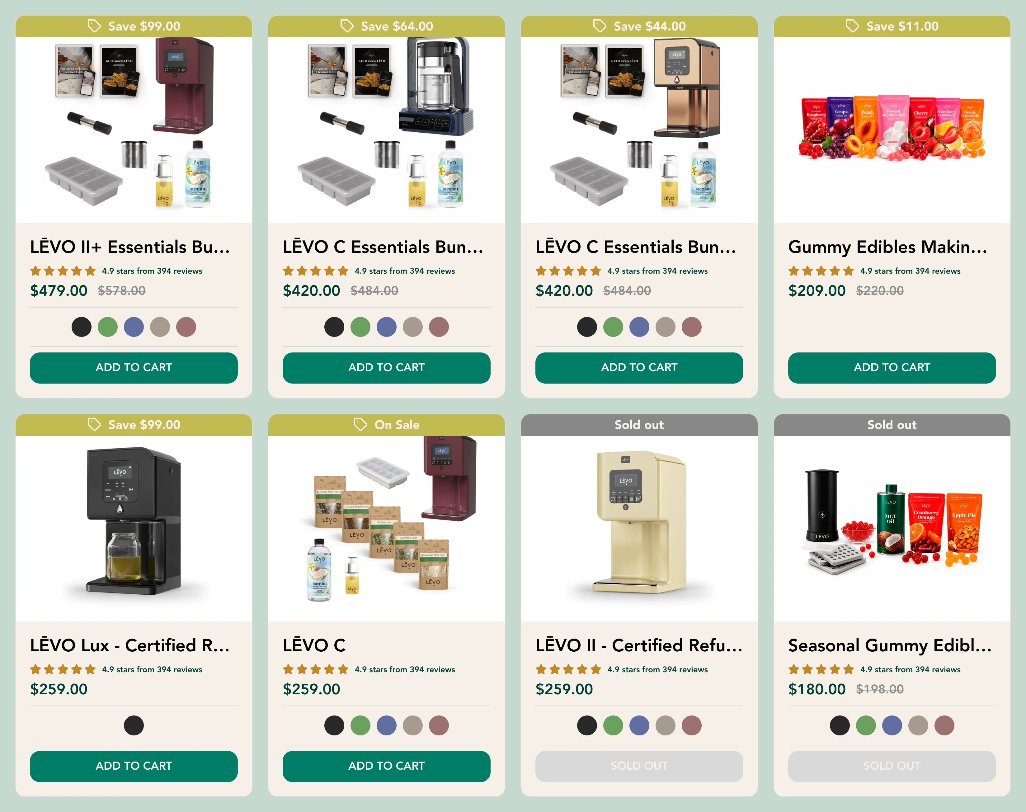 Two rows of collection cards: savings ribbons, a sale label and two sold-out cards with disabled buttons, each card with image, name, rating, price, color swatches and Add to Cart.