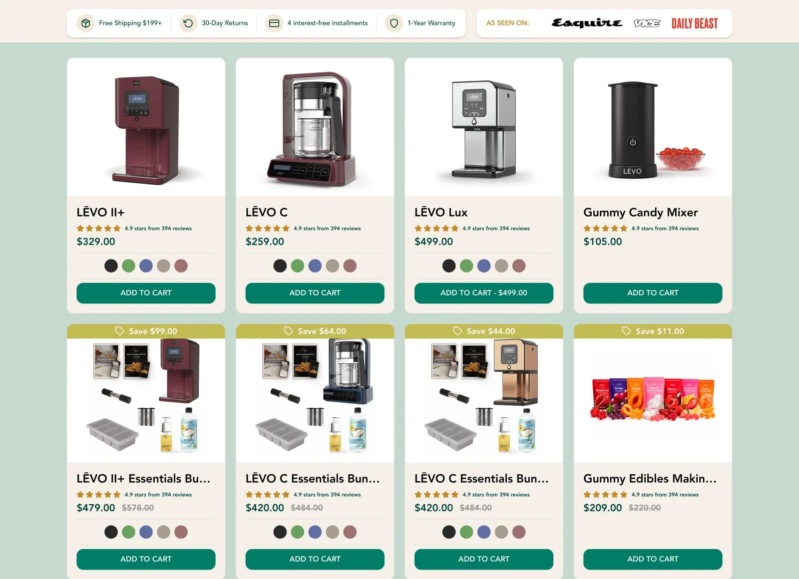 Desktop collection grid: the trust strip above four product cards per row with swatches and Add to Cart, and savings ribbons on the second row.