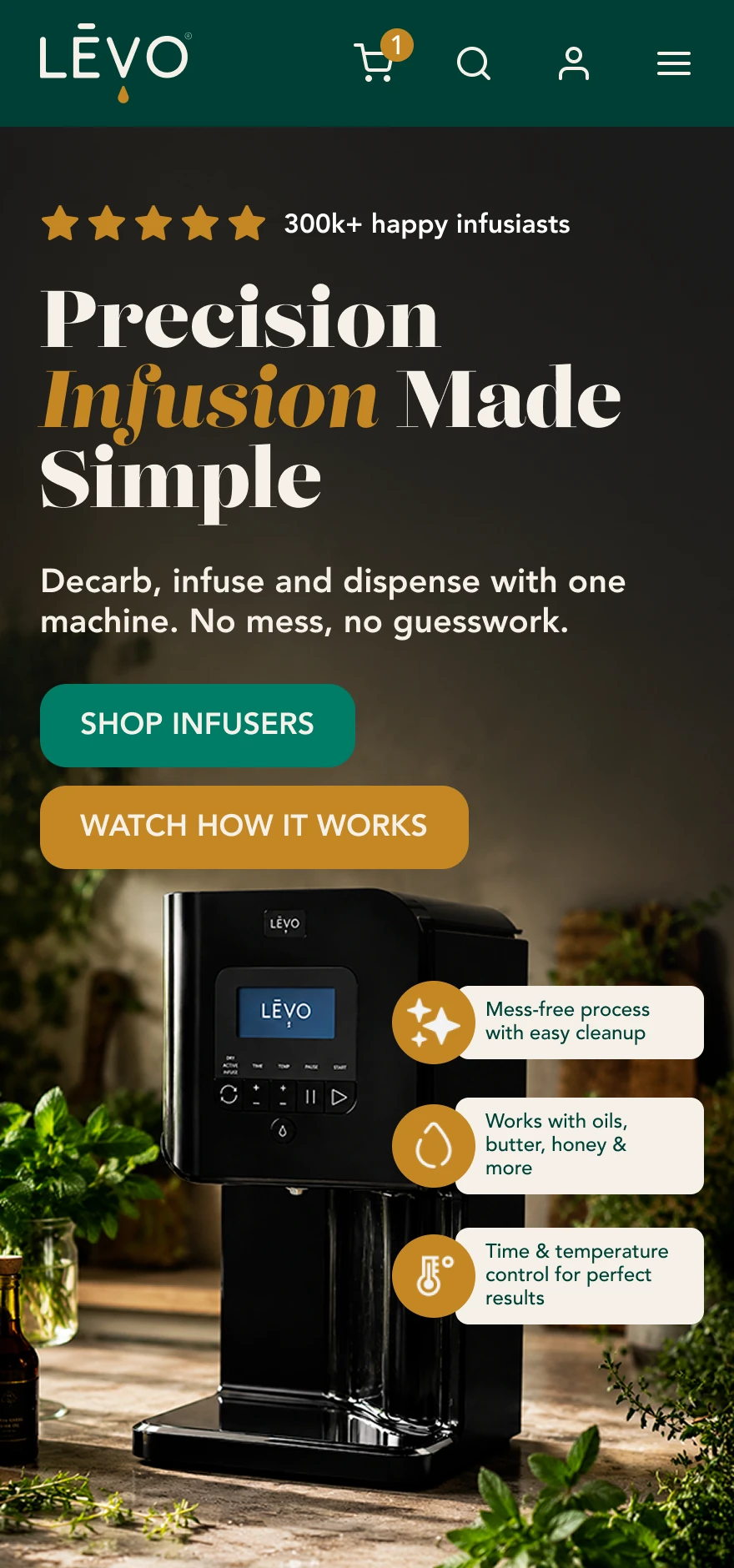 Mobile first screen: headline, two stacked actions, then the machine with its three callouts stacked to the right.