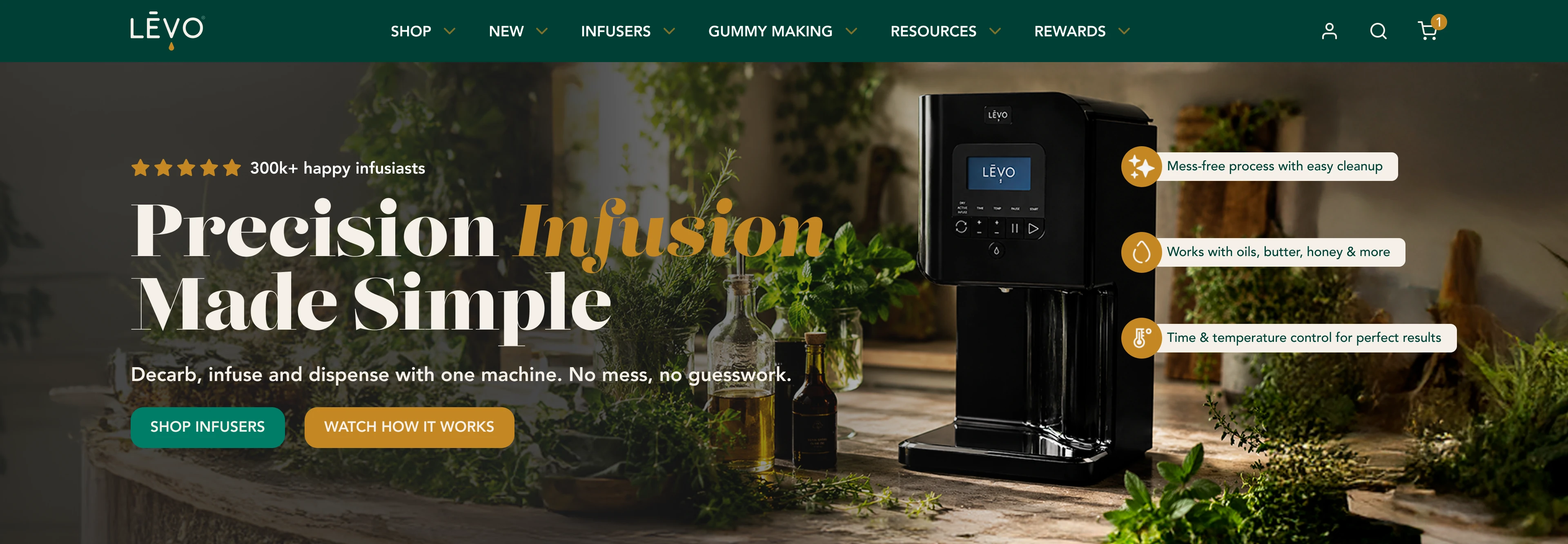 LĒVO Oil homepage hero design: “Precision Infusion Made Simple” beside a black LĒVO machine in a sunlit kitchen with herbs and oil bottles, with three feature callouts.