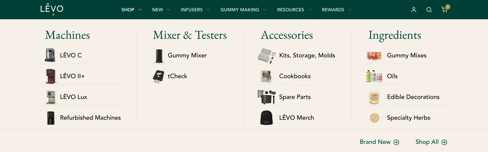 Header design with the Shop menu open on a parchment panel: Machines, Mixer & Testers, Accessories and Ingredients, each item with a product thumbnail.
