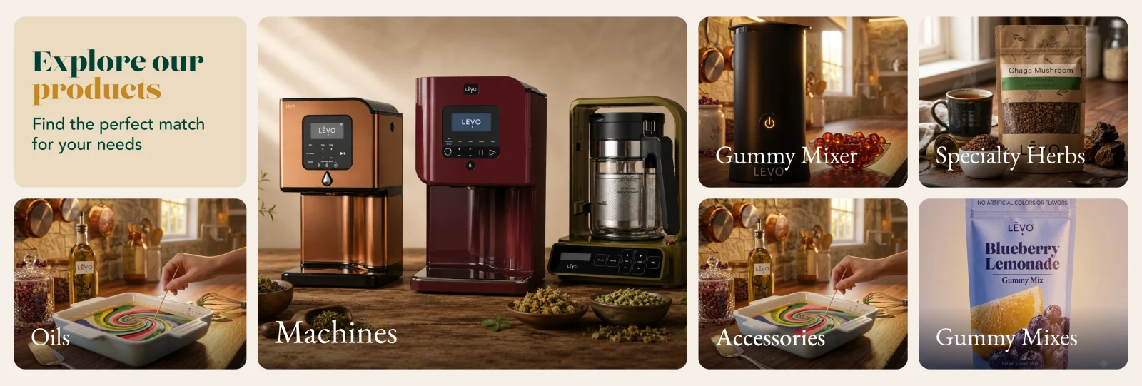 Product grid design: an “Explore our products” tile, a large Machines tile with three machines, and smaller tiles for Gummy Mixer, Specialty Herbs, Oils, Accessories and Gummy Mixes.