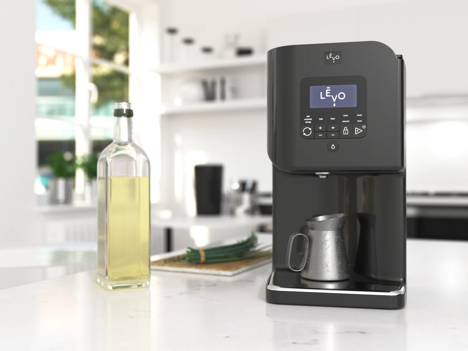 The brand’s product image: a black LĒVO machine on a white kitchen counter beside a bottle of oil.