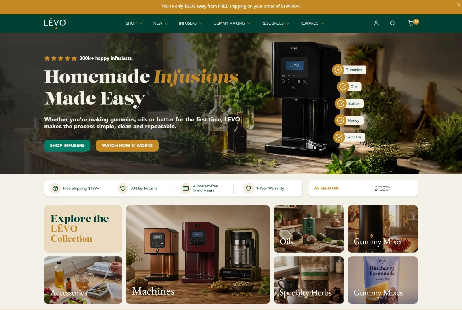 Screenshot of the Shopify homepage prototype: an announcement bar, the hero “Homemade Infusions Made Easy” with a checklist of preparations, the trust strip and the product grid.