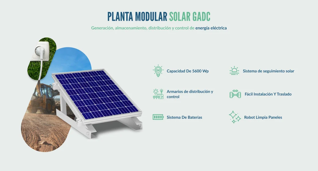 Desktop proposal: modular solar plant section, image beside a two-column feature grid.