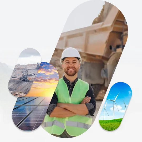 Detail: photographs of an engineer, a mine, solar panels and wind turbines cut into pill shapes.