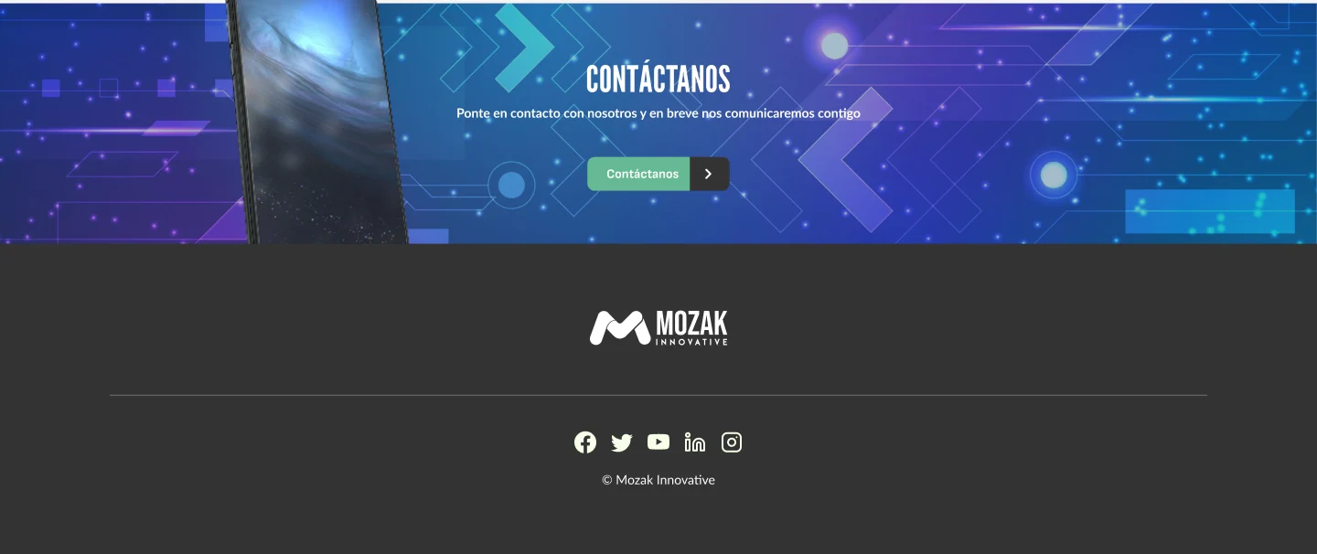 Desktop: contact band with a call-to-action button, and the footer.