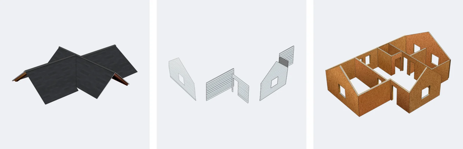 Three layers of the exploded view shown separately: the roof, the cladding panels and the SIP wall structure.