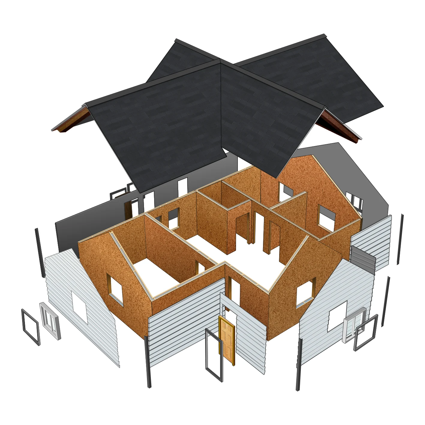 Exploded architectural view of a SIP-panel house: roof, cladding, SIP walls, doors and windows pulled apart.