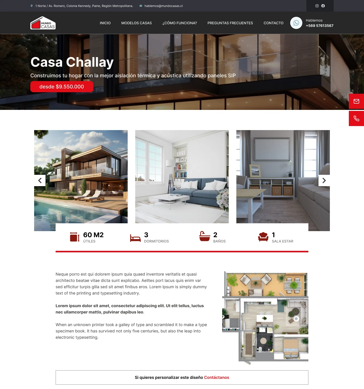 Design mockup of the Casa Challay model page: header with price, image gallery, specifications and floor plan.
