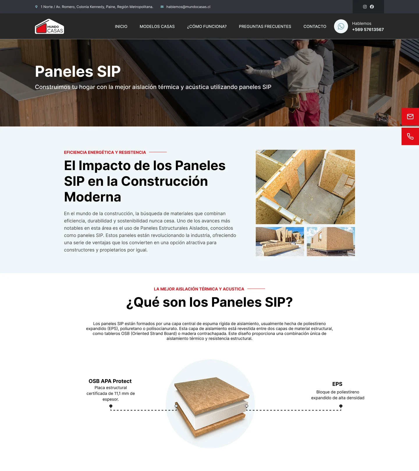 Design mockup of the SIP panels page: header, the case for SIP construction and a diagram of the panel layers.