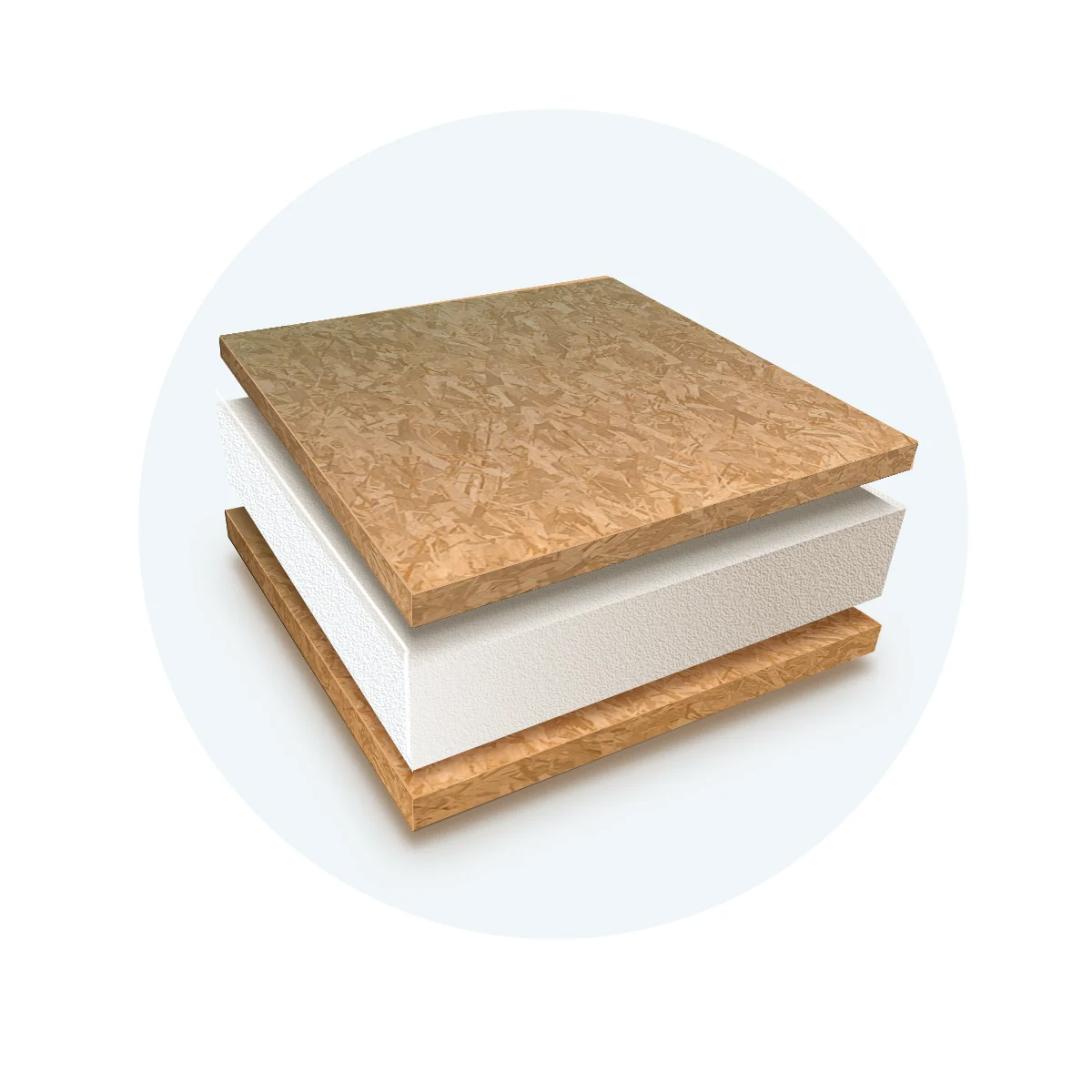 Layered diagram of a SIP panel: two OSB boards around an expanded polystyrene (EPS) core.